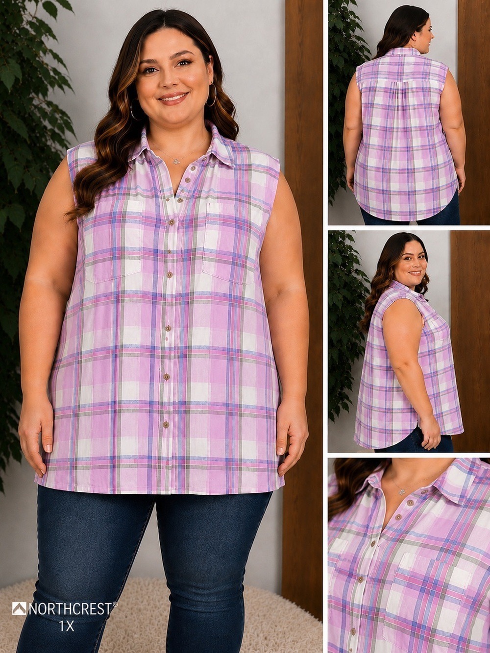 NORTHCREST Sleeveless multi color Plaid Button Front hi/lo Top Size 1X